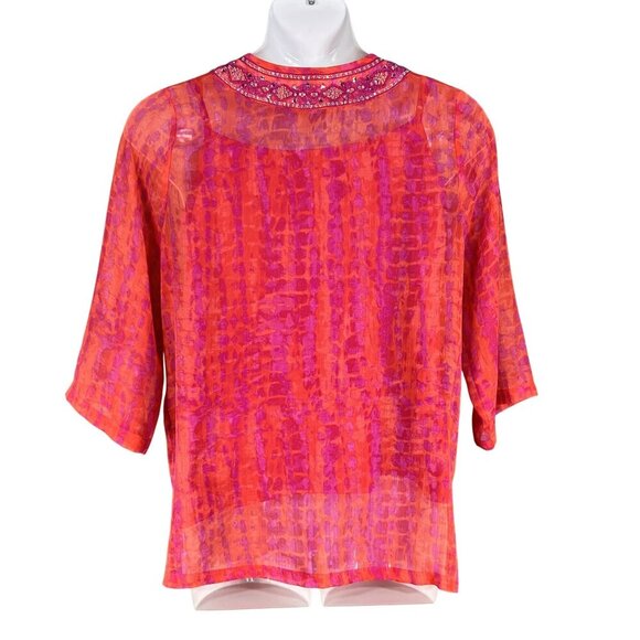Laura Ashley New Women XL Tie Dye Chiffon Top Jeweled Artsy Blouse Hippie Groovy - Picture 4 of 16